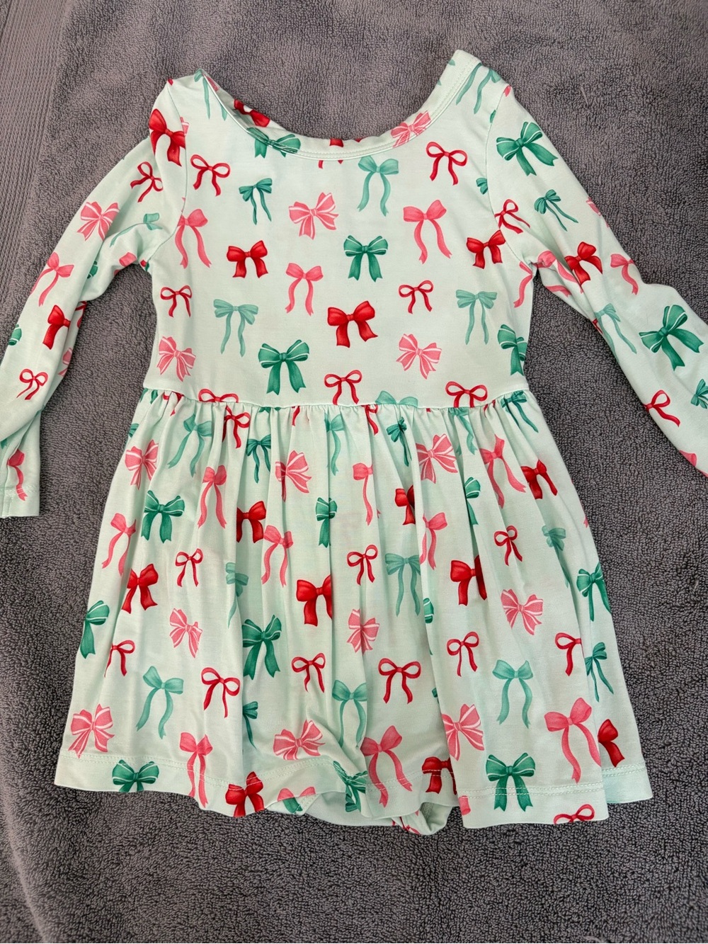 Girls Mint Bow Print Long Sleeve Dress